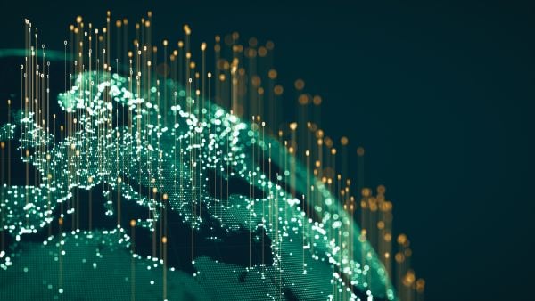 Digital rendering of a globe showing Europe and surrounding regions illuminated with glowing data points and vertical lines, symbolizing global connectivity and data exchange on a dark background.