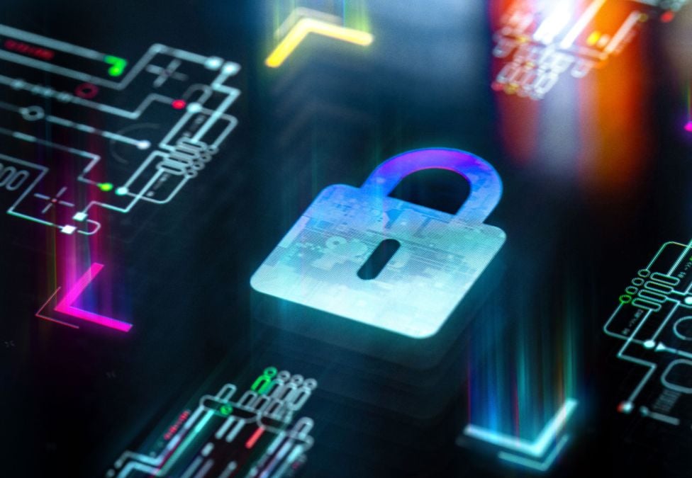 Digital illustration of a glowing padlock over circuit board graphics, symbolizing cybersecurity and data protection.