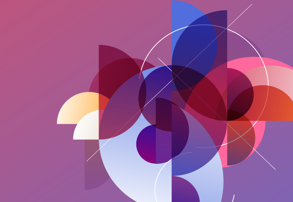 Abstract geometric digital artwork with overlapping circles, semi-circles, and rectangles in shades of purple, blue, pink, orange, and red. White diagonal lines and arcs intersect through the composition, creating a layered, modern design against a gradient purple background.