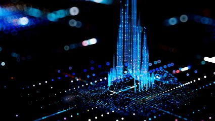 An abstract dark image of what appears to be a motherboard and blue technology-like lines coming upwards from the motherboard.