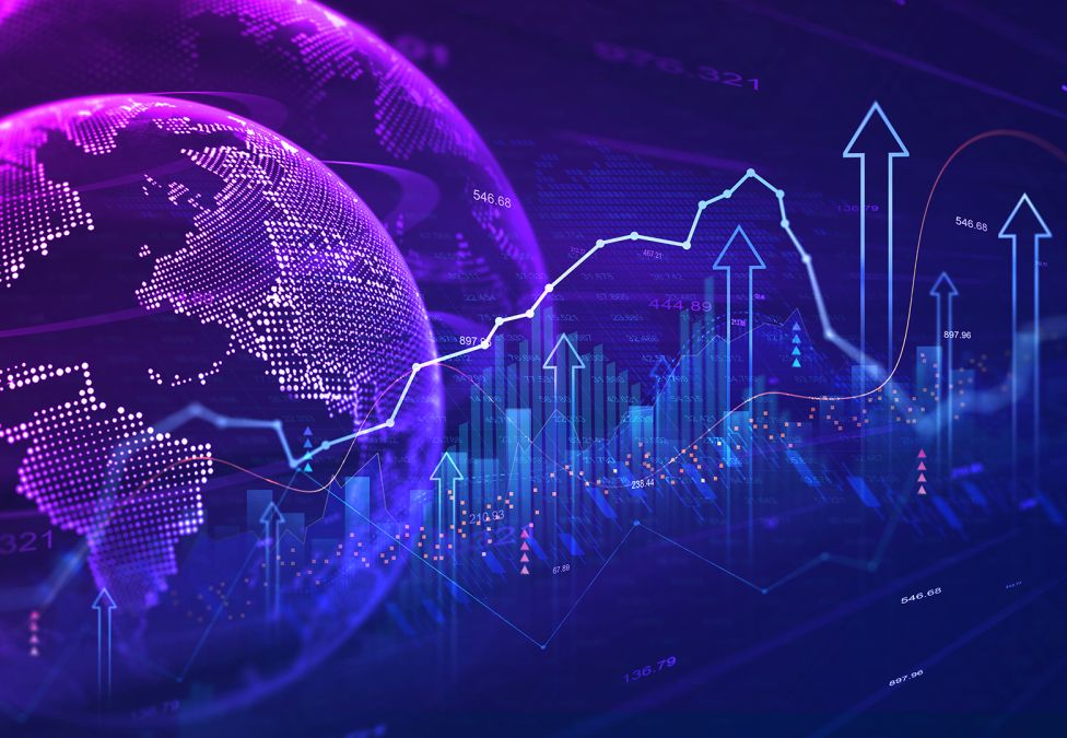 An abstract image of various blue and purple ombre colors meaning to depict economics, showing a graphic of an Earth globe and a X-axis line for a graph with ambiguous arrows pointing upwards.