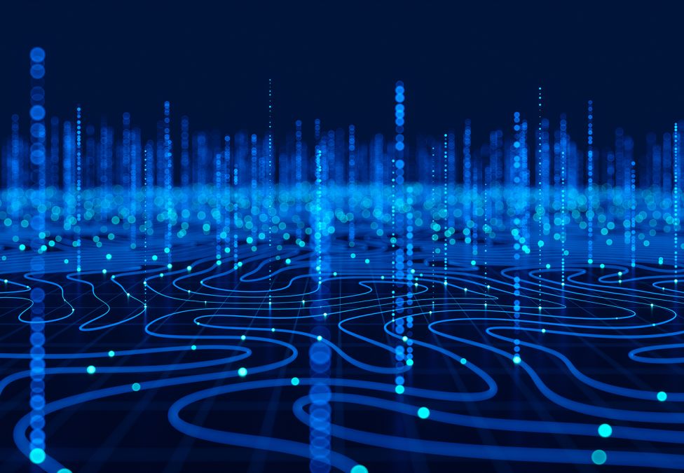 An abstract image of dark blue striped and speckled light reflections and various waves, leading to a Milken Institute report landing page titled "Advancing Africa’s Digital Economy: A Prize in FinTech to Advance Financial Inclusion".