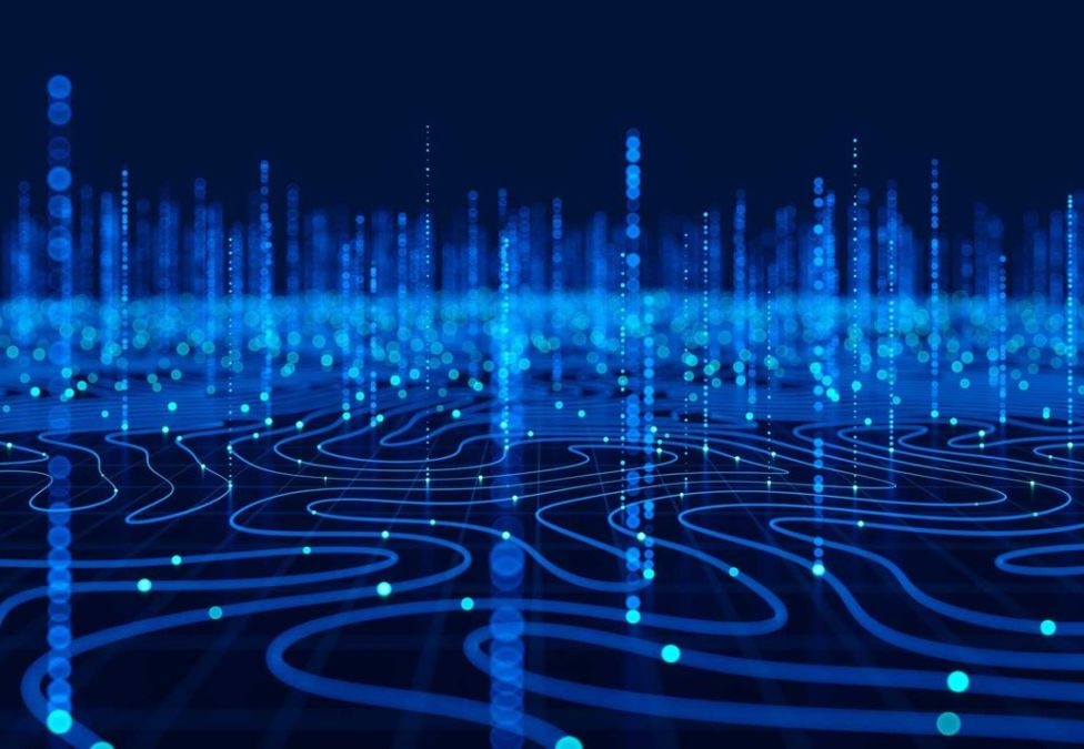 An abstract graphic with a dark blue background with various wavy and vertical technology-like lines all over, indicating FinTech.