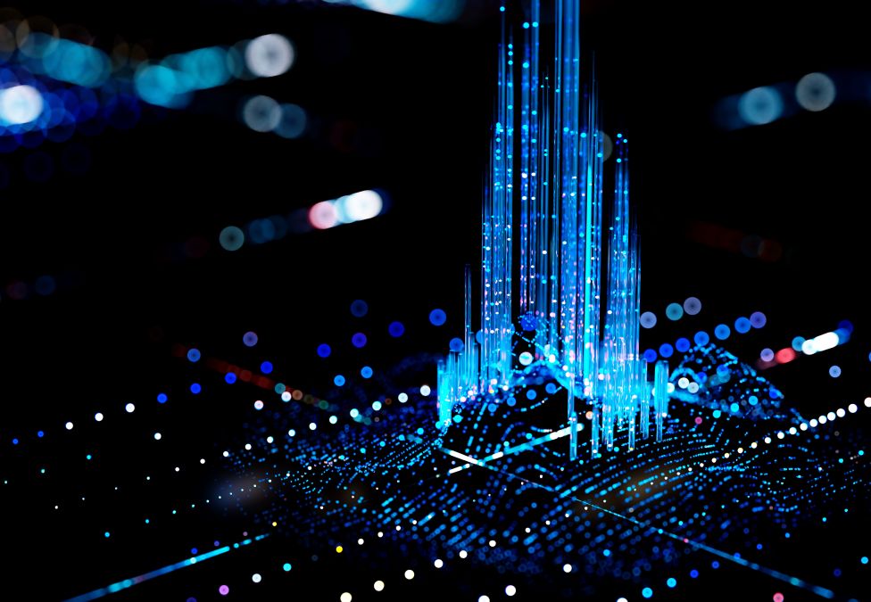 An abstract dark image of what appears to be a motherboard and blue technology-like lines coming upwards from the motherboard.