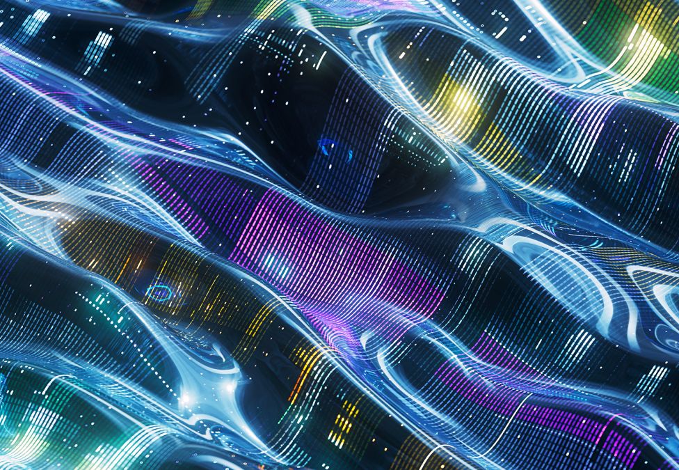An abstract graphic of liquid-like waves and wavy lines of various colors, including blue and purple.