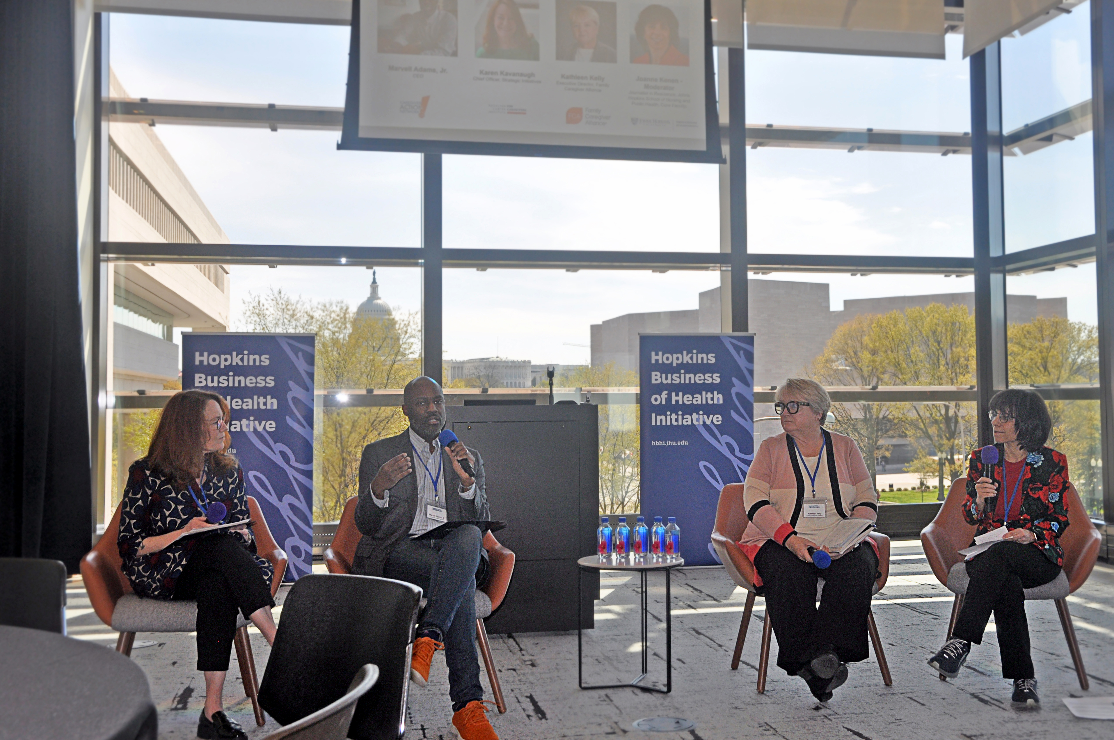 Left to right: Karen Kavanaugh, chief officer, strategic initiatives, Rosalynn Carter Institute for Caregivers; Marvell Adams Jr., CEO, Caregiver Action Network; Kathleen Kelly, executive director, Family Caregiver Alliance; and moderator Joanne Kenen, Commonwealth Fund journalist-in-residence, Johns Hopkins Bloomberg School of Public Health