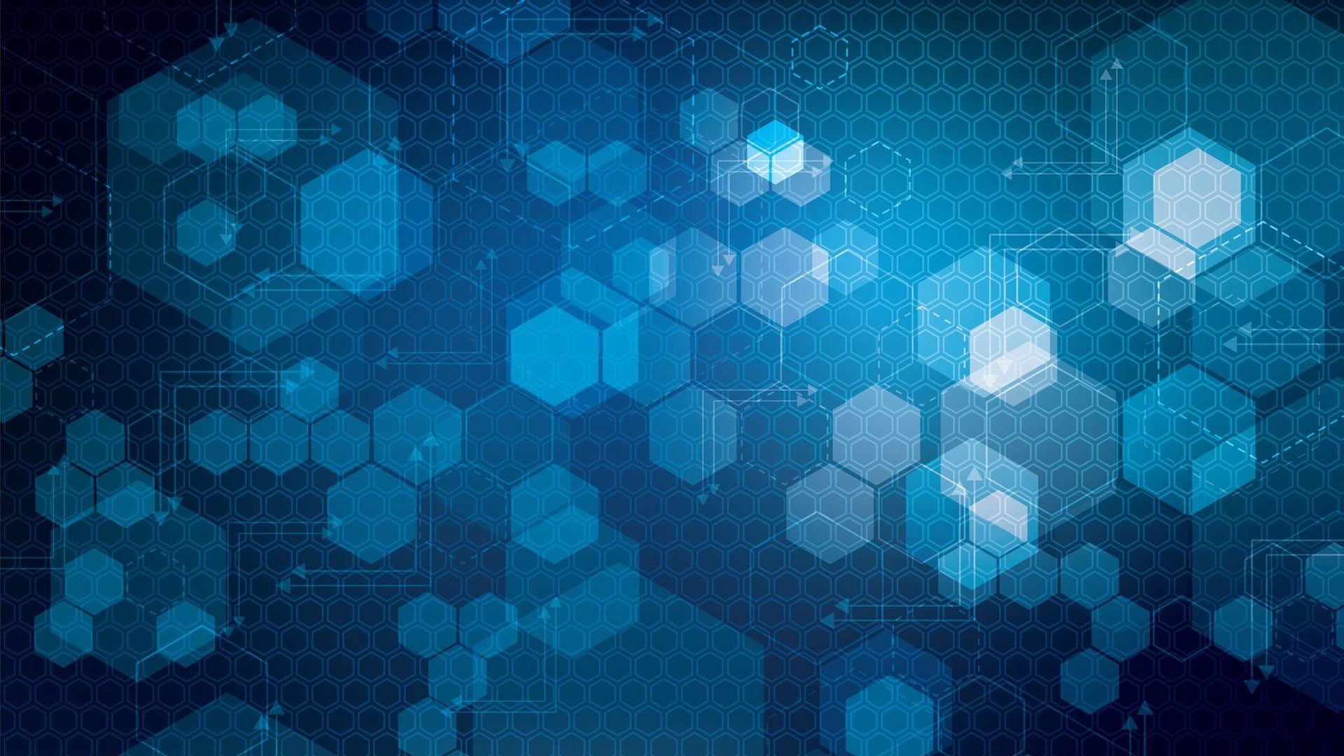 multi-sized blue hexagons on top of a digital blue overlay
