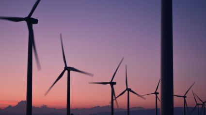 A windmill farm at sunset