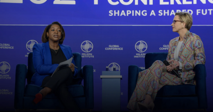 Esther Krofah, executive vice president of Milken Institute Health, (pictured at left) with Emma Walmsley, CEO of GSK, (right) at the 2024 Milken Institute Global Conference.