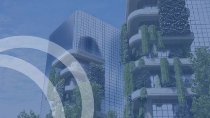 view of building from below with greenery on balconies and abstract transparent gray overaly