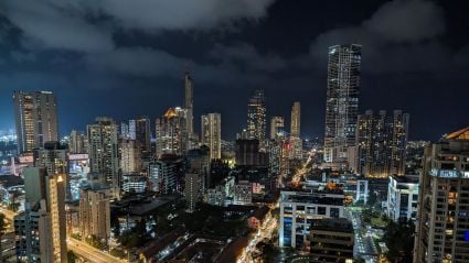 A cityscape at night.