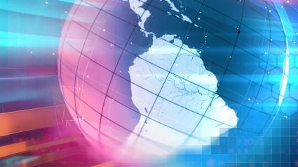 A blue and pink abstract ombre graphic of the Earth.