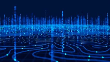 An abstract image of dark blue striped and speckled light reflections and various waves, leading to a Milken Institute report landing page titled "Advancing Africa’s Digital Economy: A Prize in FinTech to Advance Financial Inclusion".