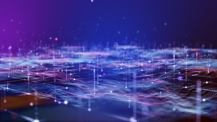 A graphic and header image leading to an article titled "AI and the Future of the American Dream" by David Levy. The graphic shows abstract blue and purple ombre colors with various three dimensional white lines and dashes, indicating technology.