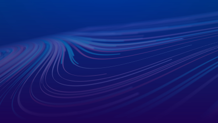 Abstract digital lines in motion over a blue background, representing innovation and global connectivity during the Global Conference 2025 livestream.