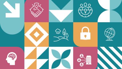 A graphic with various pink, blue, and orange squares and white icons on top of the squares. Icons include a globe, a brain, a lock, and more.