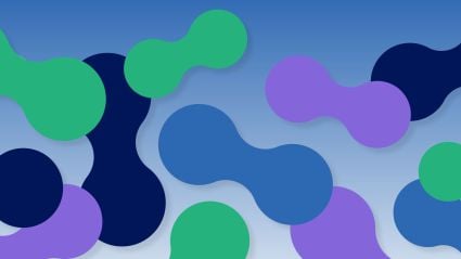 An abstract graphic of various blob like shapes of green, dark blue, light blue, and purple against a blue gradient background.