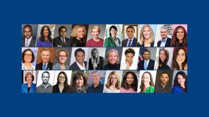 Collage of professional headshots featuring a diverse group of executives and leaders, arranged in rows against a blue background. The image represents participants in the Milken Institute’s Employer Action Exchange, highlighting collective expertise and reflections on advancing whole-person health to build resilient, forward-thinking businesses.