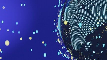 Abstract digital rendering of a globe, highlighting Sub-Saharan Africa with glowing blue and yellow data points and binary numbers, symbolizing global digital connectivity and asset adoption.