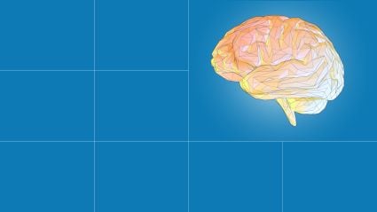 A graphic of a blue grid background and a brain in the right-hand corner, leading to an article about dementia care.
