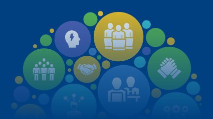 An abstract graphic against a blue background of varying white business-related icons inside of colorful circles.