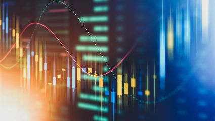 Abstract graphic of colorful financial data lines and bar charts, symbolizing stock market or economic trends.
