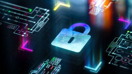 Digital illustration of a glowing padlock over circuit board graphics, symbolizing cybersecurity and data protection.