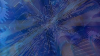 Abstract image with a deep blue overlay, showing bright sparks radiating outward from the center, layered over mechanical gears and industrial textures. The composition blends motion, light, and machinery for a dynamic, energetic effect.