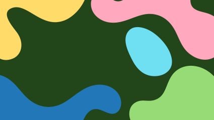 Abstract graphic with a dark green center surrounded by organic, blob-like shapes in yellow, pink, blue, and green.