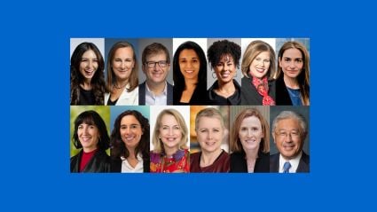 Collage of twelve professional headshots featuring diverse men and women, arranged in two rows on a bright blue background.