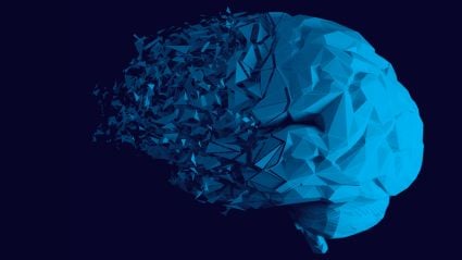 Abstract blue polygonal illustration of a human brain, with the left side breaking apart into scattered geometric fragments, symbolizing memory loss and degeneration.