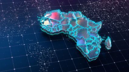 Digital illustration of Africa with country borders outlined in glowing neon blue against a futuristic grid background, symbolizing technology and connectivity across the continent.