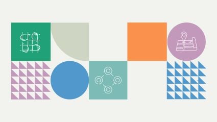 Abstract geometric design with colorful squares, circles, and triangles in green, orange, blue, lavender, and beige. White line icons depict linked hands, magnifying glasses in a network, and a location pin on a map.