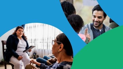 Healthcare and community professionals meeting with people in supportive settings, representing collaboration and care.