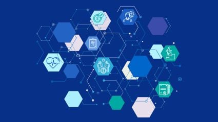 Abstract blue illustration of connected hexagons with icons representing health, finance, workforce, and organizational resilience.