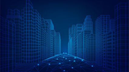 A blue digital wireframe of a city skyline with a glowing network of connected nodes forming a path through the center.