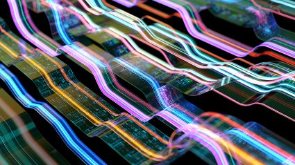 Abstract 3D digital illustration of glowing, multicolored wave streams flowing over layered circuit board surfaces against a black background, evoking data transmission or AI processing.