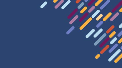 Decorative graphic of colorful rounded dashes arranged in a diagonal pattern radiating from the upper-right corner, on a dark navy blue background. 