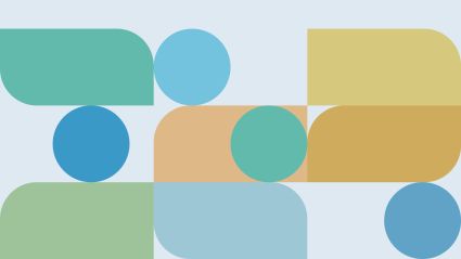 A modern abstract graphic featuring a grid of geometric shapes including circles and rounded rectangles.