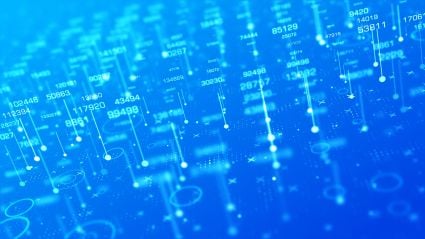 Blue digital background with glowing binary code and data streams