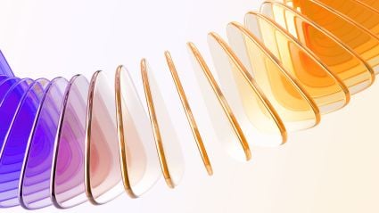Abstract 3D render of glossy translucent panels arranged in a wave, transitioning from purple to orange.
