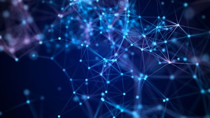 Abstract digital network visualization with glowing cyan nodes connected by lines, forming a geometric mesh against a dark blue background.