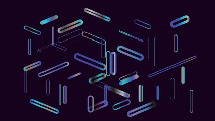 Abstract pattern of scattered rounded rectangular shapes in iridescent blue, teal, and purple gradients on a dark navy background.