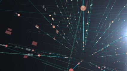 Abstract 3D visualization of a data network with glowing nodes, connecting lines, and floating numerical values on a dark background.