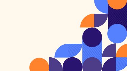 Abstract geometric pattern with overlapping circles and quarter-circles in orange, blue, and navy