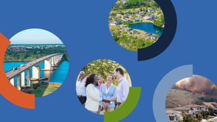 Five circular photos showing various travel destinations on a blue background