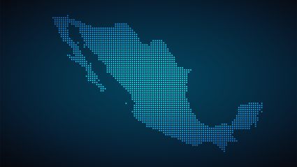 Blue dotted map of Mexico on dark background