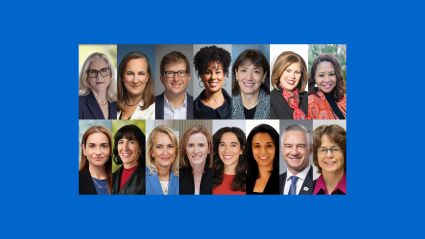 Grid of professional headshots showing diverse business people on blue background