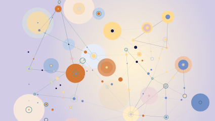Abstract network diagram with colorful circles connected by dotted lines on purple gradient