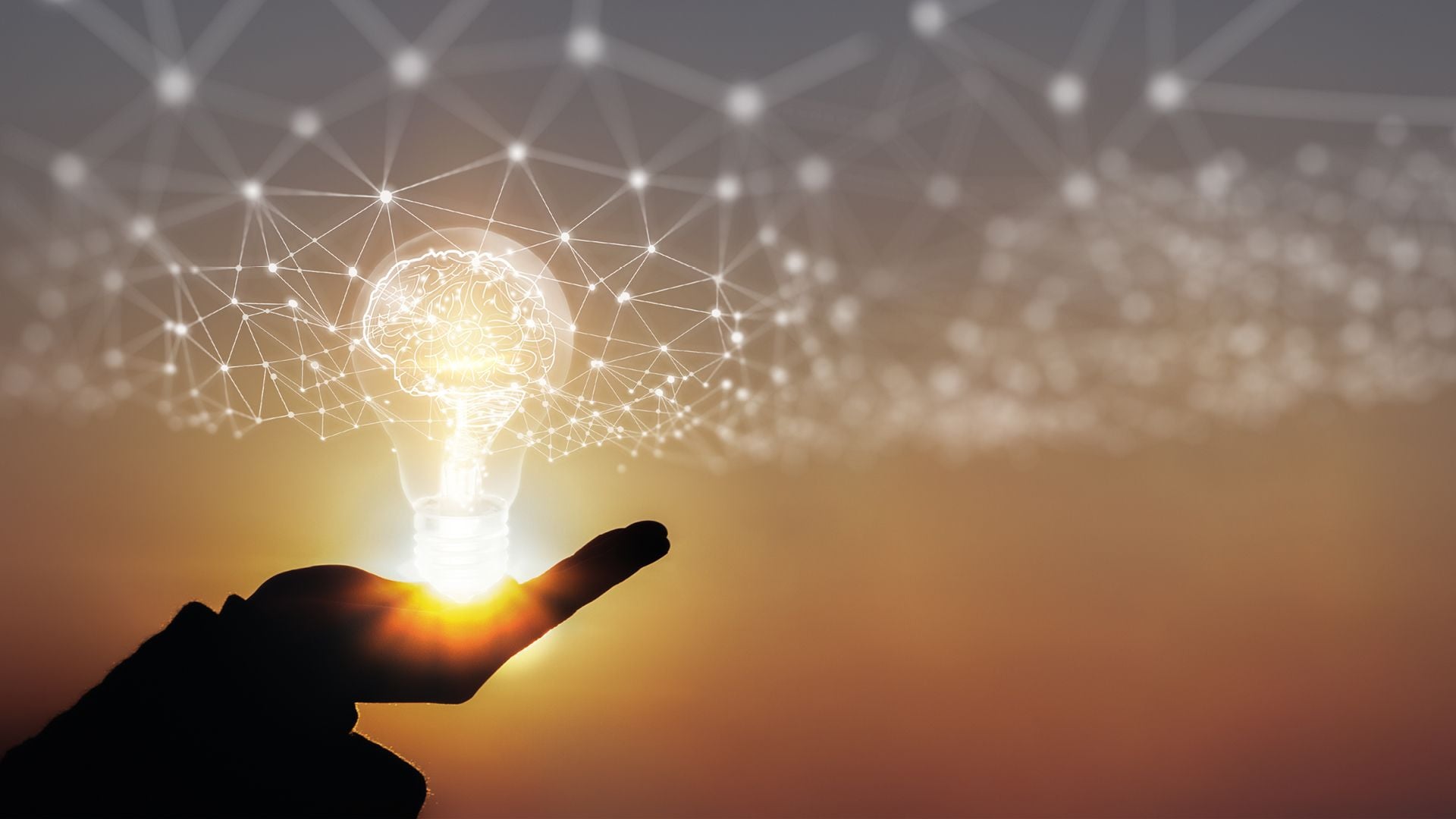 An image of a silhouette of a hand against a sunset background, cupping the sun with a projection of a lightbulb and various lines and connected dots above the lightbulb showing. The image represents insights at The Milken Institute. A nonprofit, nonpartisan think tank focused on accelerating measurable global progress in the areas of health, finance, and philanthropy.
